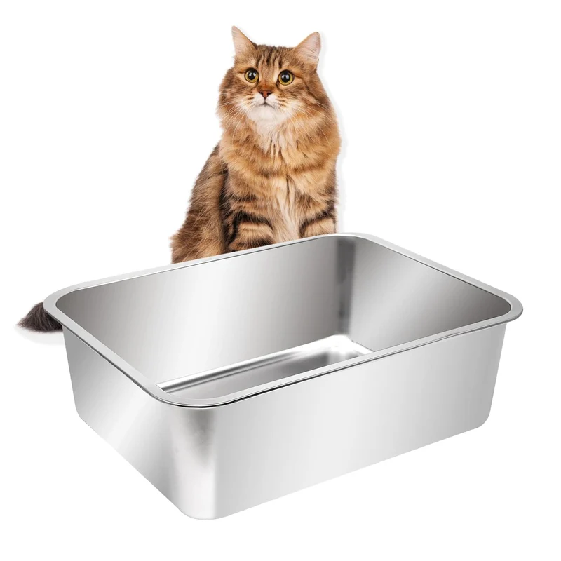 Kichwit Bac à Litière Ouvert en Acier Inox Extra Large – Parois Hautes 23,6 × 15,7 × 5,9 po