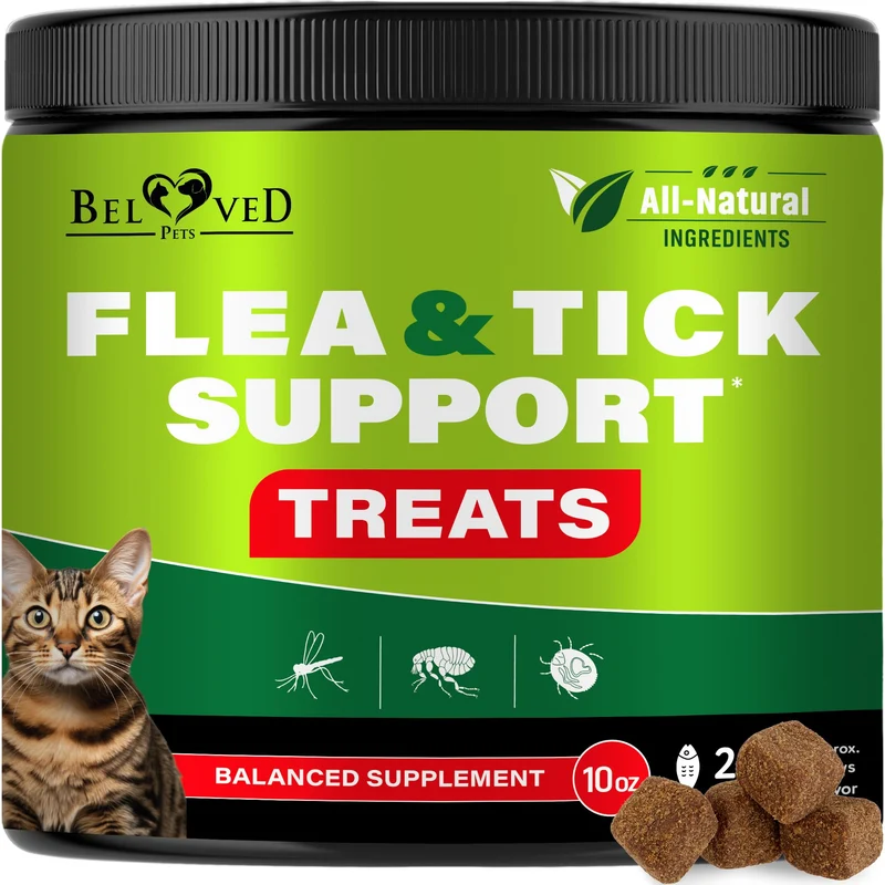 Beloved Pets – Prévention puces et tiques à croquer pour chiens et chats, saveur saumon (chat) – Fabriqué aux États‑Unis