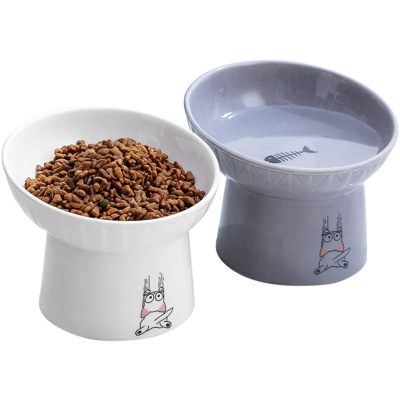 OMAYKEY Bol Chat Elevé en Céramique 6,5 Pouces Incliné — 13,5 oz, Blanc et Gris