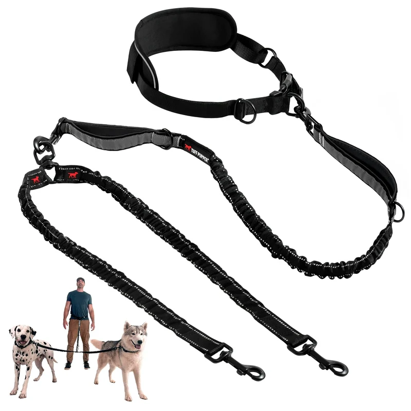 Laisse Bungee Tuff Pupper – Hands-Free pour deux gros chiens jusqu’à 250 lb | Poignées rembourrées, ceinture lombaire et clips 360°