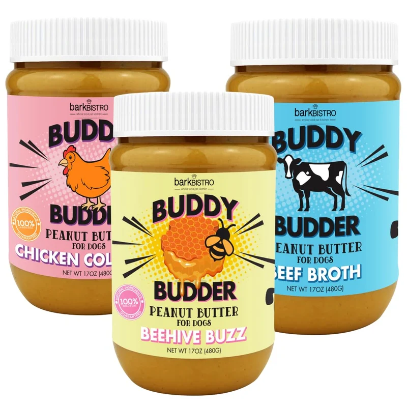 Buddy Budder – Pâte naturelle pour chien trio saveurs: Bouillon de bœuf, Collagène de poulet, Beehive Buzz – Fabriqué aux États-Unis (ensemble de 3 pots 17 oz)
