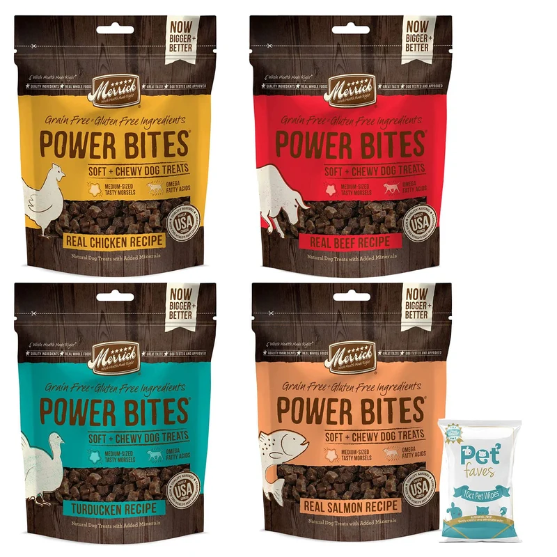 (4 Pack) Merrick Power Bites – Friandises pour chien sans céréales ni gluten (Poulet, Boeuf, Turducken, Saumon) + Lingettes Pet Faves 10ct