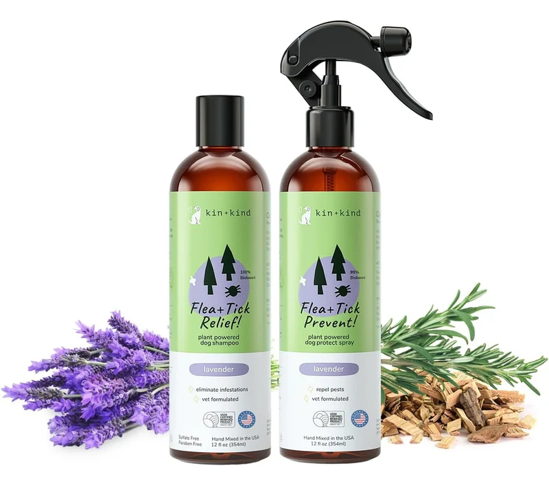 kin+kind Kit Shampoing et Spray Anti-Puces pour Chiens – Lavande, 12 oz chacun