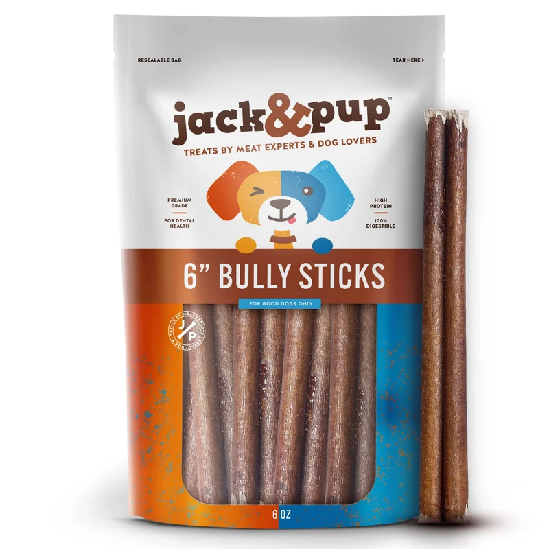 Jack&Pup Bâtonnets Bully 6 pouces – Friandise canine à 1 ingrédient, durable (6 oz, 5–7 sticks) Pizzle pour chiens