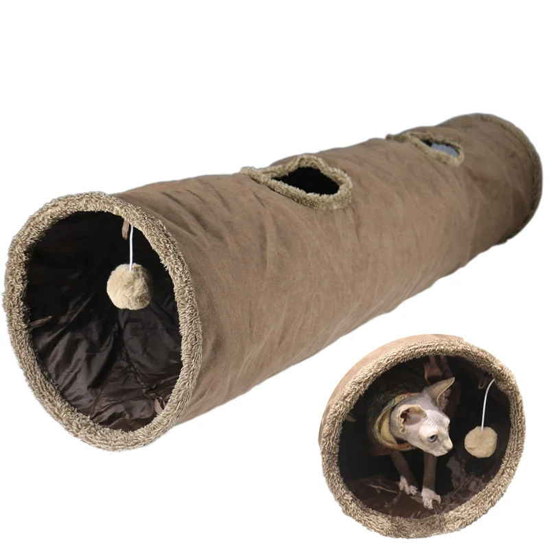 Terunat Tunnel Chat – Tunnel intérieur géant 129×30 cm en suède brun, pliable avec hublots et boule pelucheuse