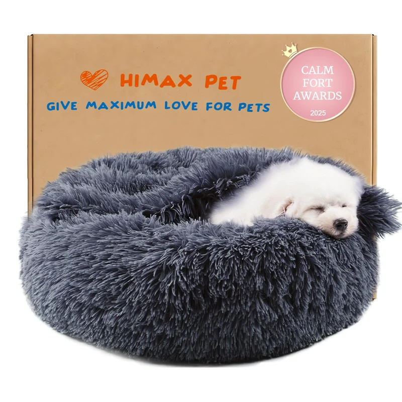 Himax Lits Donut pour Chiens Petits — Avec Couverture Intégrée, Lavable, Gris (20/26/35 pouces)