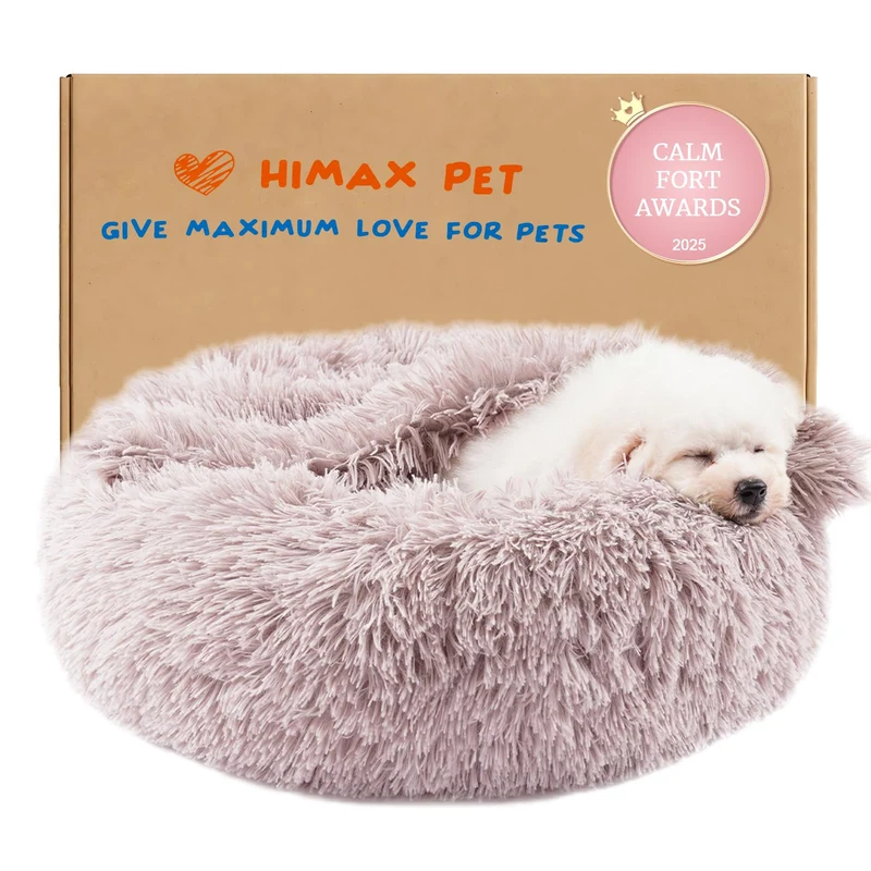 Himax Lits pour Chiens en Forme de Beignet – Couverture Attachable, Calme et Lavable (20/26/35 pouces) Beige