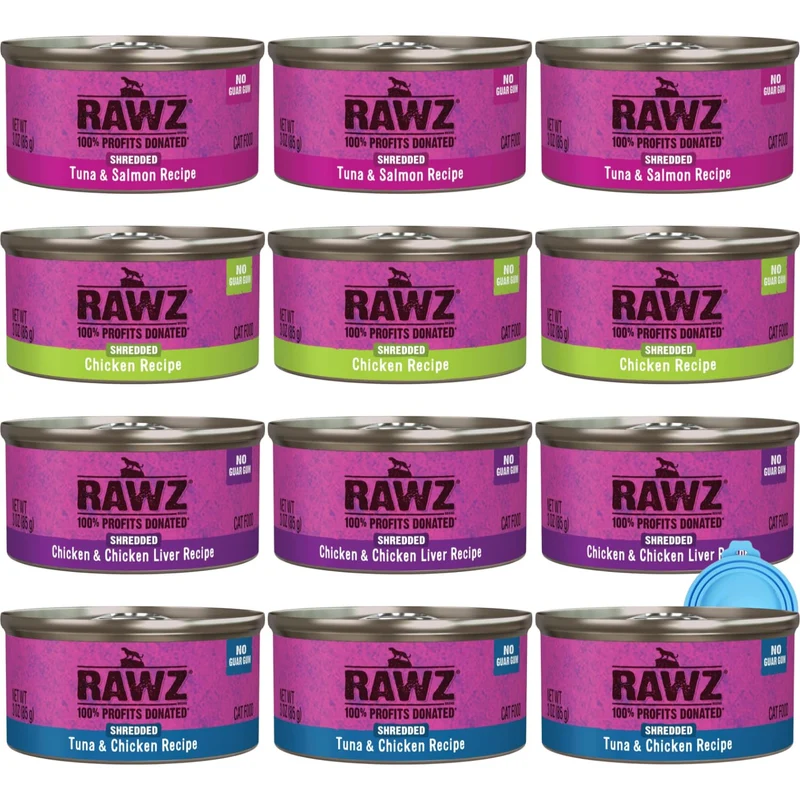 Rawz Nourriture humide premium pour chat — Pack Découverte 12 boîtes, 4 saveurs, couvercle Yow Pet – 3oz