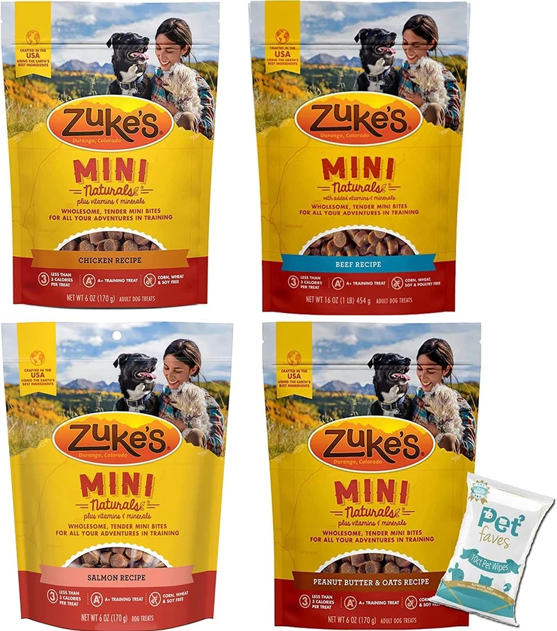 Zukes Mini Naturals – Lot Varié 4 Saveurs (6 oz chacun) pour l’Entraînement Canin + 10 Lingettes Pet Faves
