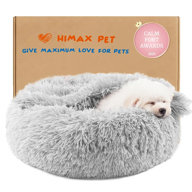 Himax Petit Panier Douillet pour Chats et Chiens – Lit anti-anxiété rond avec couverture amovible, lavable, Gris Clair (20/26/35 pouces)