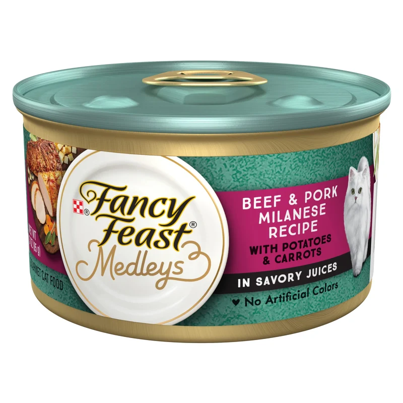 Purina Fancy Feast Medleys Boeuf et Porc Milanese avec Carottes et Pommes de Terre en Jus Savoureux – Pack de 24 boîtes de 3 oz