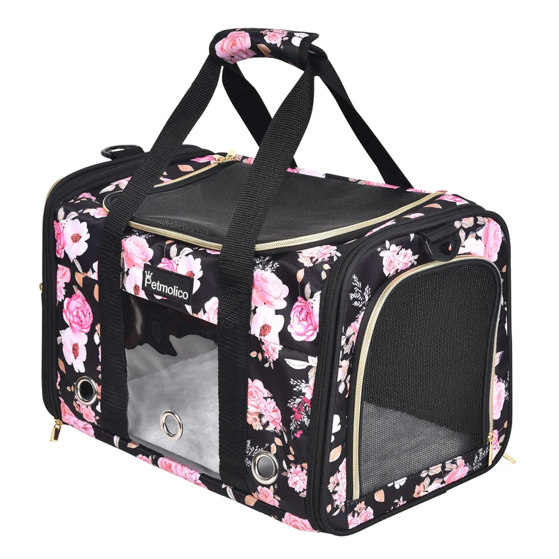Petmolico Sac de transport chat jusqu'à 16 lb — 3 ouvertures, avion, Rose Pivoine (M)