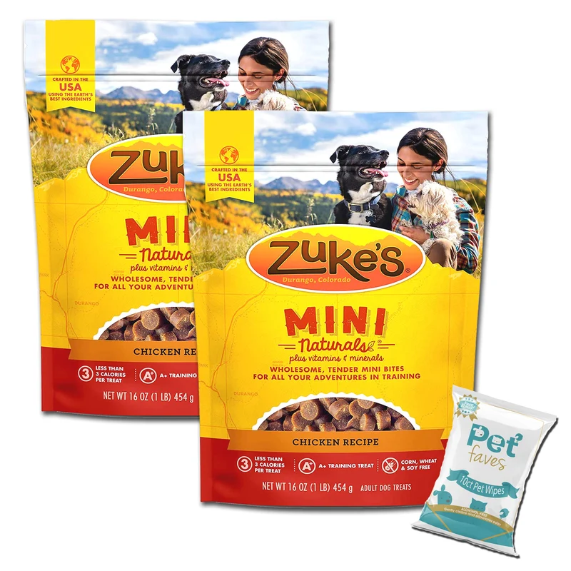 Lot de 2 Friandises Zuke Mini Naturals au Poulet 16 oz + 10 Lingettes Pet Faves