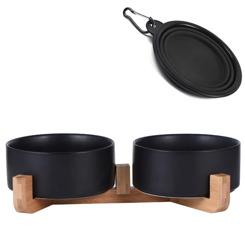 Petygooing Bols en céramique avec support – Set de 2, noir, anti-glisse (400 ml)
