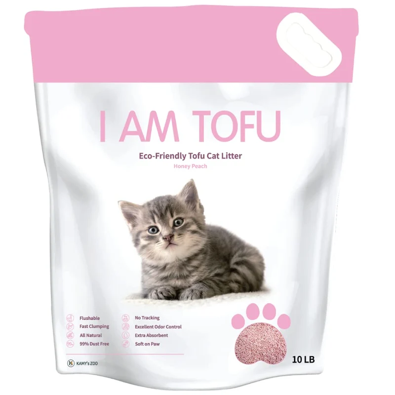 I AM TOFU - Litière pour chat au tofu, naturelle et évacuable, sans poussière, agglomération instantanée (10 LBS, Honey Peach) | KAMY's ZOO