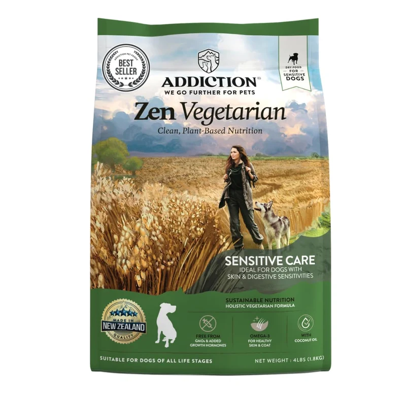 Addiction Zen – Nourriture sèche végétarienne pour chien (4 lb) | Protéine végétale et peau sensible | Fabriqué en Nouvelle-Zélande