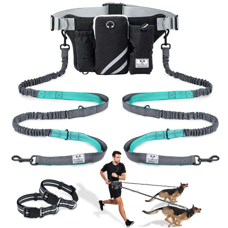 SHINE HAI Laisse Sans Mains Rétractable pour 2 Chiens – Double Bungee, Ceinture Ajustable et Poches, Réfléchissante – Noir