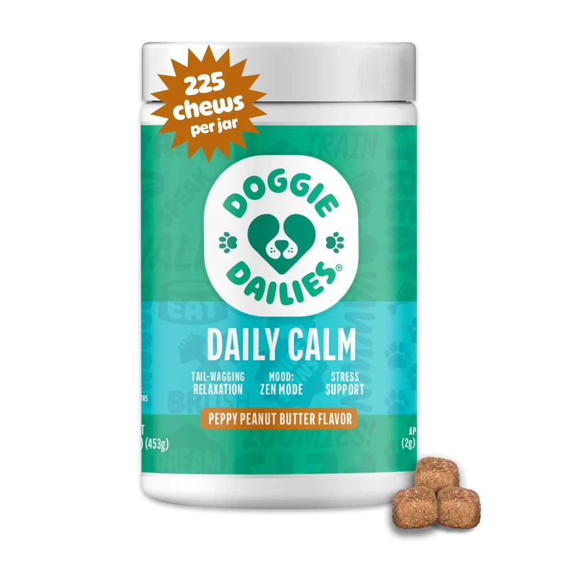 Doggie Dailies Friandises Apaisantes – Mélatonine & Camomille pour le Stress et la Détente (Beurre de Cacahuète, 225 Friandises Molles)