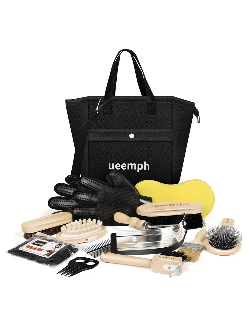 Ueemph Kit Toilettage Cheval (12 Pièces) – Brosses, Sac de Rangement et Gants – Cadeau Équitation Noir