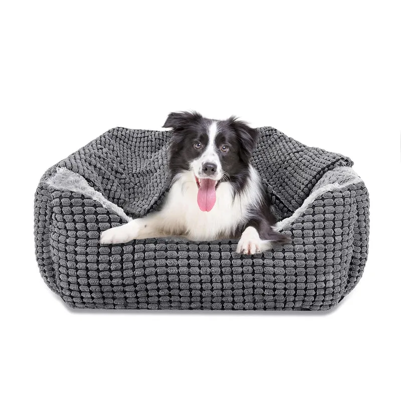 GASUR Lit pour Chiens et Chats Rectangulaire avec Capuche — 25 Pouces, Gris, Douillet et Lavable