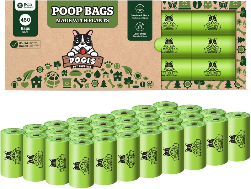 Sacs à crottes compostables Pogi's – Étanches et extra-larges, 32 rouleaux (480 sacs) – À base de plantes