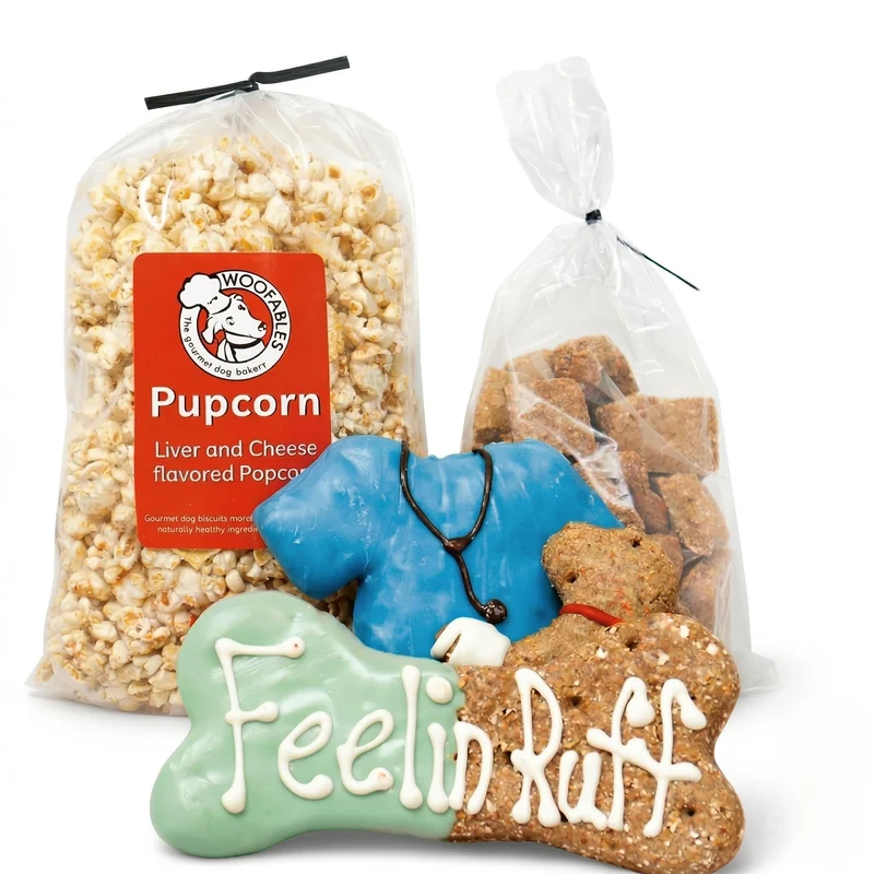 Woofables Coffret Gourmand Bien-Être pour Chiens — Pupcorn Fromage et Foie, Biscuits Miel-Avoine, Os Yogourt | Sans Maïs ni Soja ni Conservateurs | Fabriqué aux États-Unis