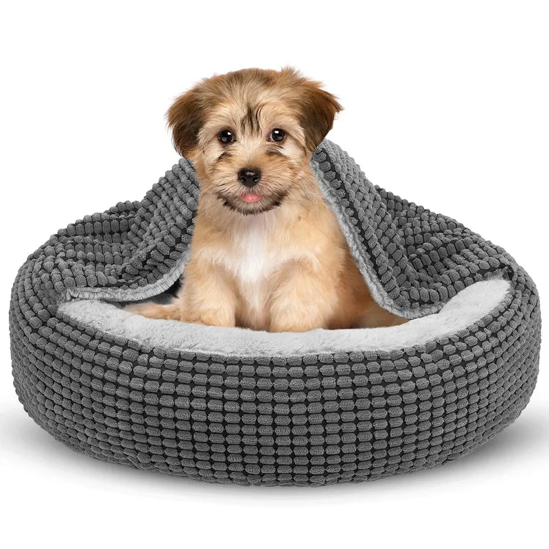 SIWA MARY — Lit pour petit chien avec couverture intégrée, cocon anti-anxiété, lit rond orthopédique 23 pouces, lavable