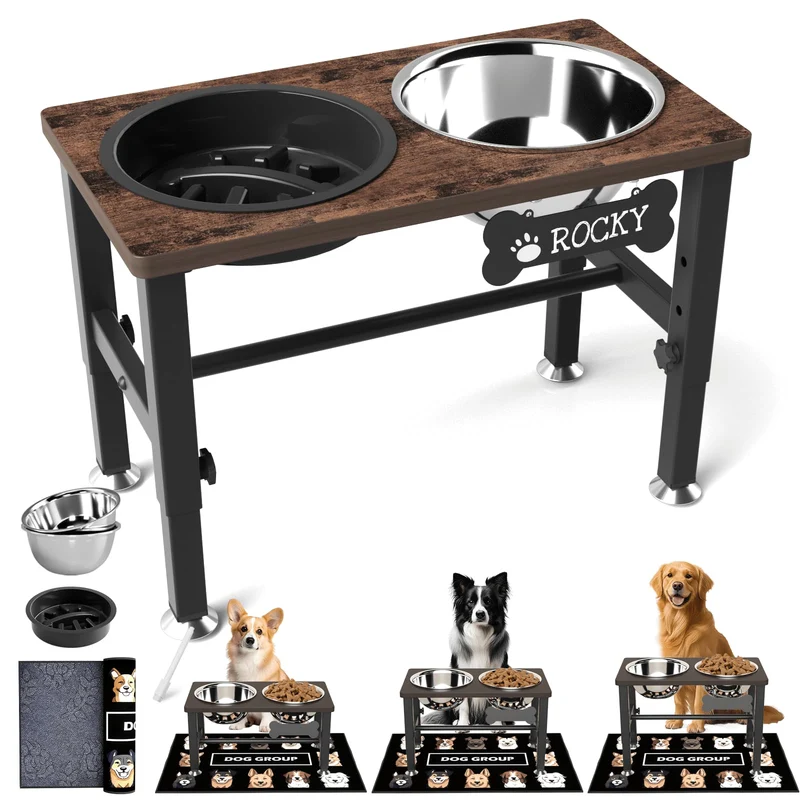 SHAINFUN Gamelles surélevées pour chiens – 3 hauteurs ajustables, tapis anti-débordement et 2 bols inox 58oz