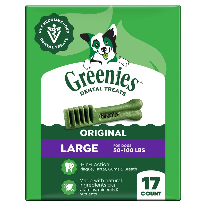 Greenies Friandises Dentaires Naturelles pour Chiens Adultes – Grande Taille, Saveur Originale, Pack 27 oz (17 bouchées)