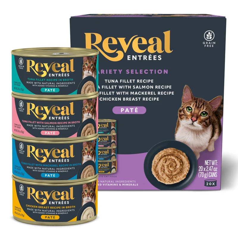 Reveal Entrées Pâté Humide pour Chat – Sans Céréales, Protéines Élevées, Sans Carraghénane (20 x 2,47 oz)