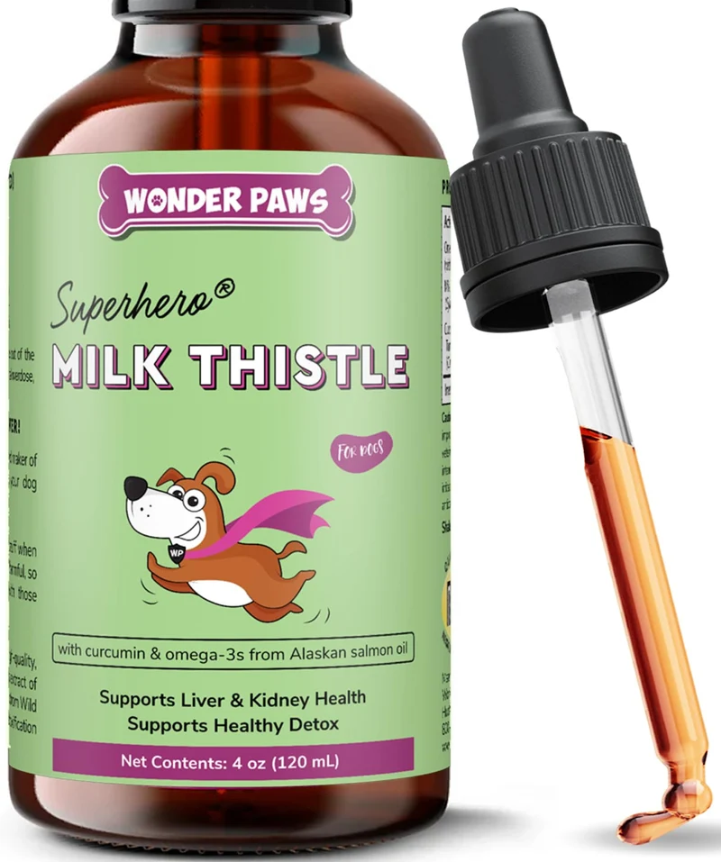 Wonder Paws Chardon-Marie – Soutien foie et reins pour chiens, huile de saumon sauvage et curcumine, 4 onces