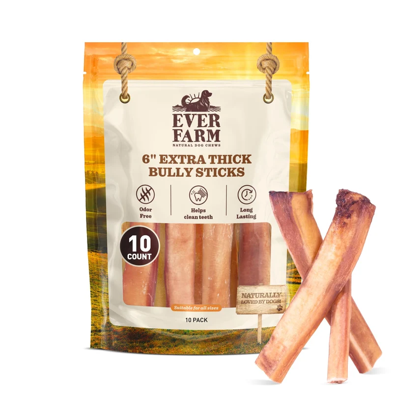 EVER FARM Bâtons Bully Jumbo 6 Pouces pour Grands Chiens – Pack 10, 100% Boeuf Nourri à l'Herbe, Sans Céréales
