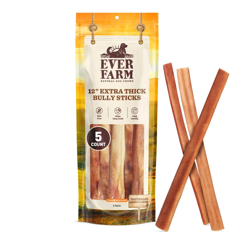 Ever Farm Bâtons Bully Jumbo 12 pouces pour Grands Chiens – Pack de 5, 100% bœuf nourri à l’herbe, Protéine élevée, Sans céréales