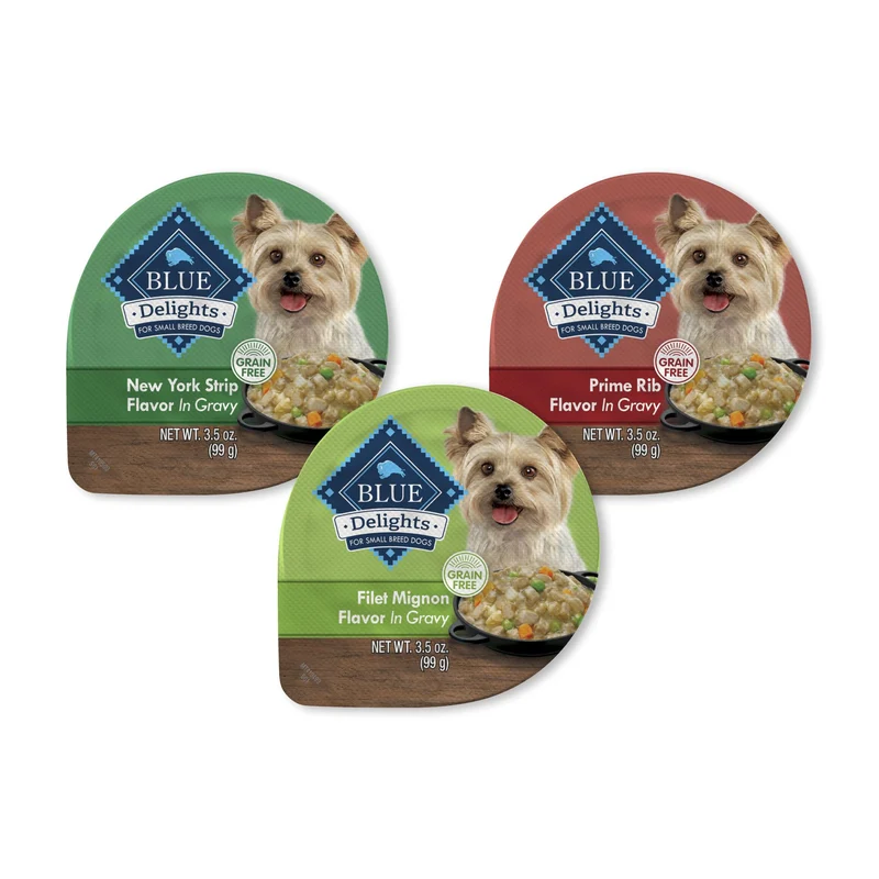 Blue Buffalo Delights – Coupes Humides Naturelles pour Petits Chiens, 24 x 3,5 oz (8 Prime Rib, 8 NY Strip, 8 Filet Mignon)