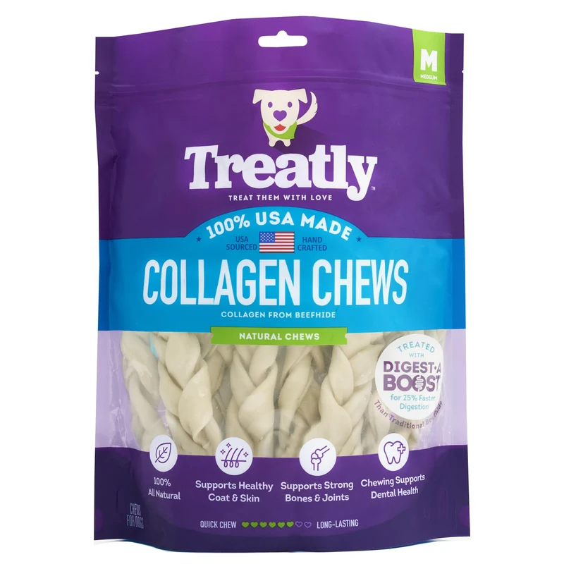 Treatly Nattes Collagène pour Chiens – 6-7 po, Saveur Naturelle, 15 Friandises/Paquet