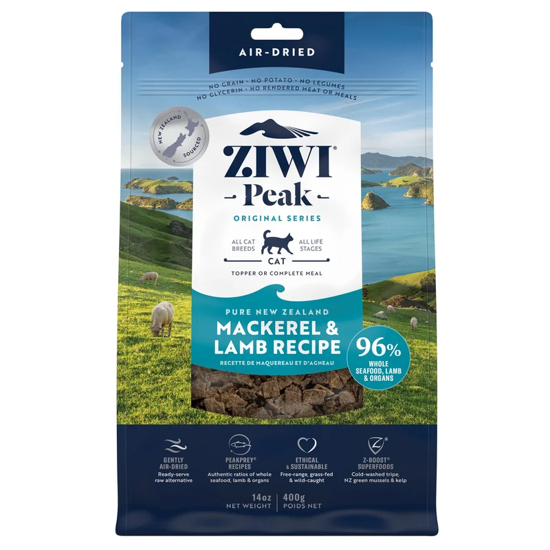 ZIWI Peak – Alimentation pour chats séchée à l’air Maquereau & Agneau, Sans Céréales, Haute Protéine (14oz)