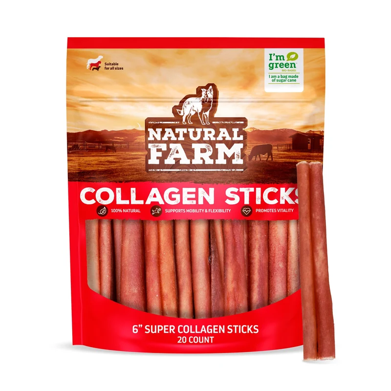 Natural Farm Bouchées Collagène pour Chiens Sans Odeur (6 pouces, 20 paquets) - Alternative authentique au bâtonnet de bœuf