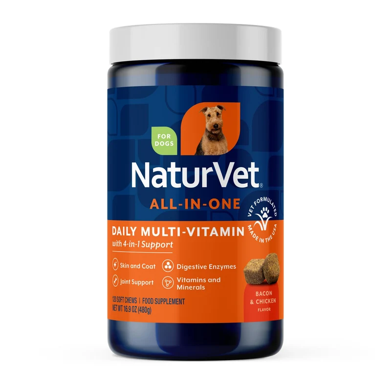 NaturVet All-in-One pour chien – Soutien articulations, digestion, peau et poil | Multivitamines 120 bouchées sans gluten