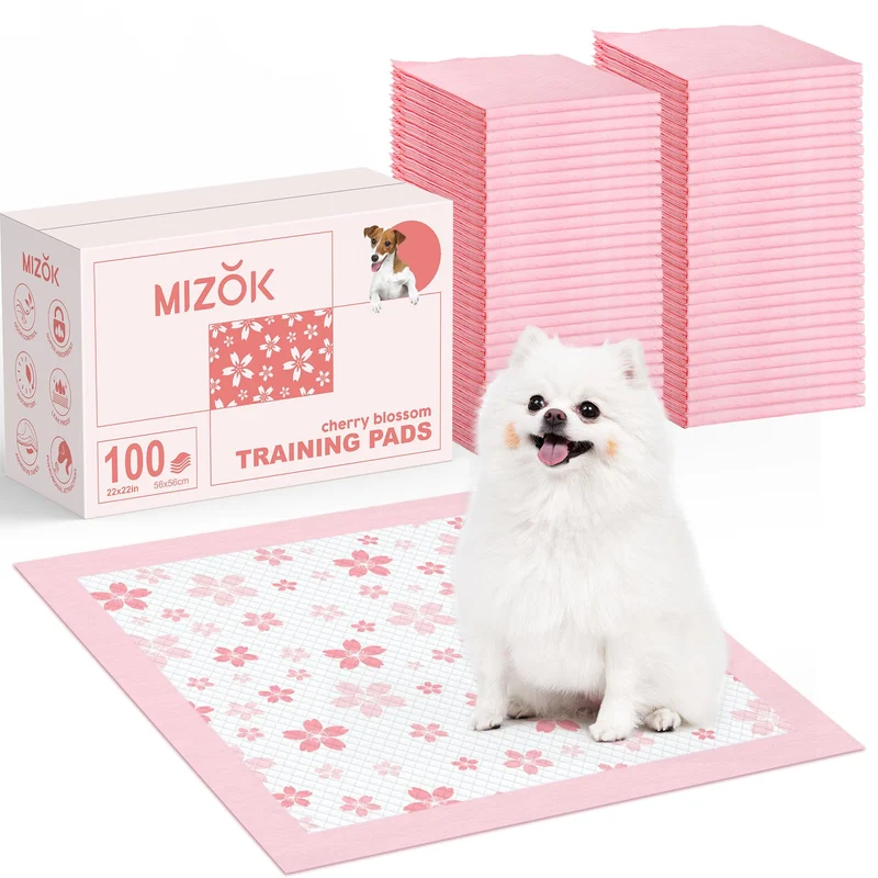 MIZOK Tapis-puppy 22 x 22 pouces – 6 couches, absorption rapide, 100 unités, motif cerisier rose