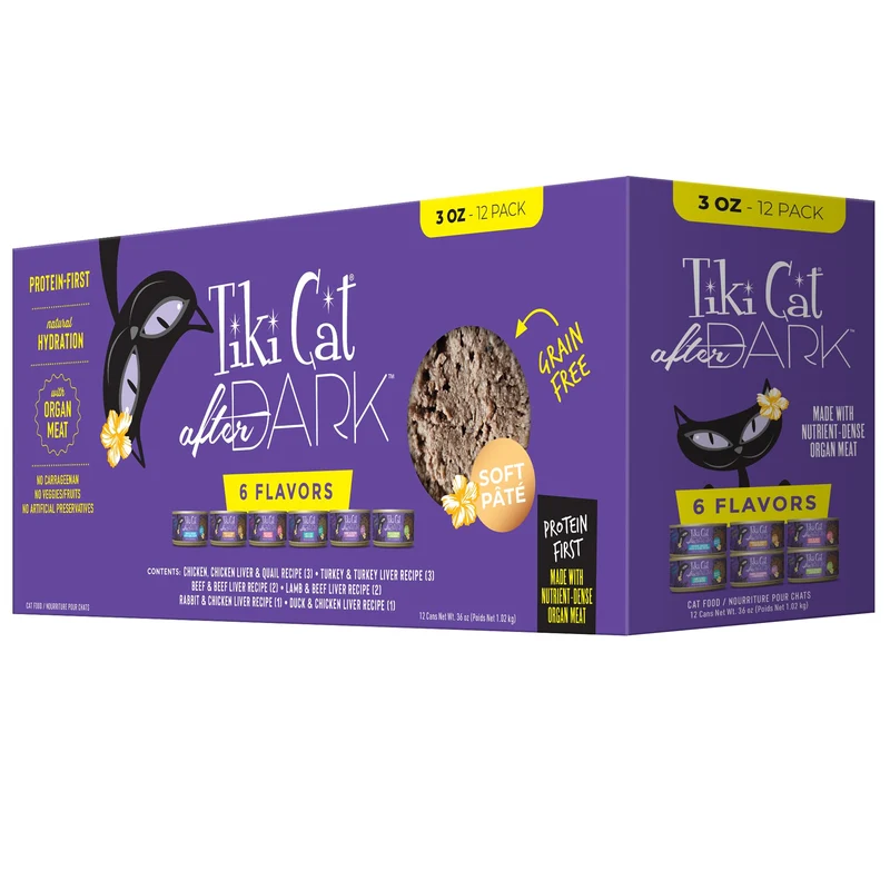 Tiki Cat After Dark Pâté – Assortiment Haute Protéine, 100% Sans OGM, Nourriture Humide pour Chats Adultes, Boîtes de 85 g (Pack de 12)