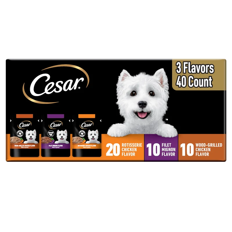 Cesar Filets en Gravy – Variété Poulet Rotisserie, Filet Mignon et Poulet Grillé, 40 Sachets Mini