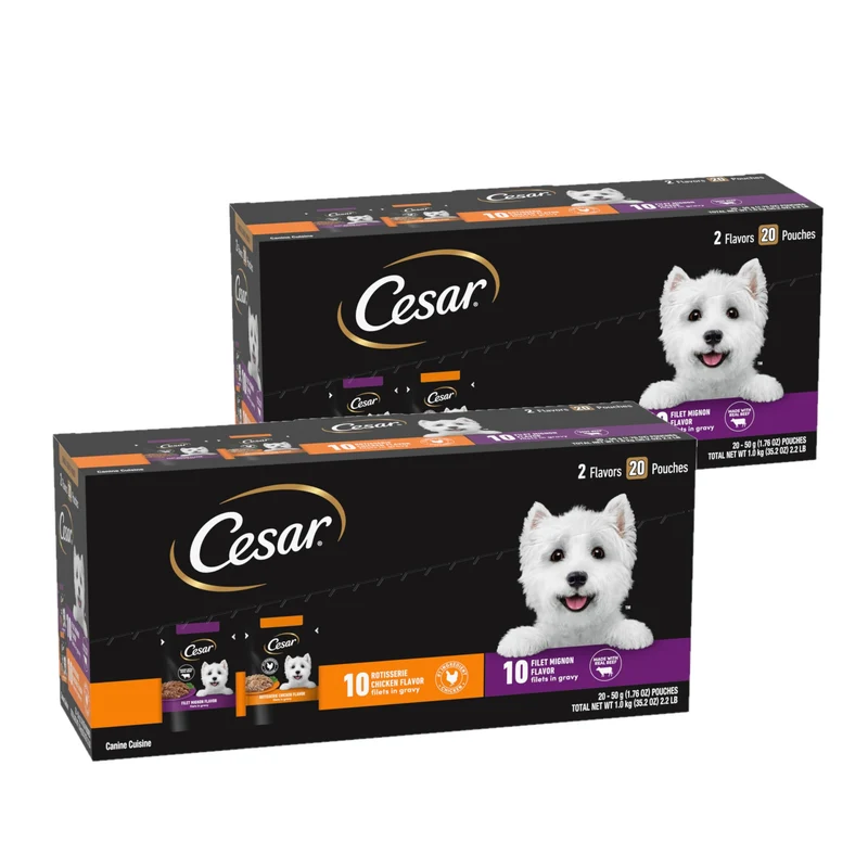 Cesar Filets en Gravy : Variété Filet Mignon et Poulet Rôti – Mini-Sachets 1,76 oz, Pack de 20 (2 boîtes)