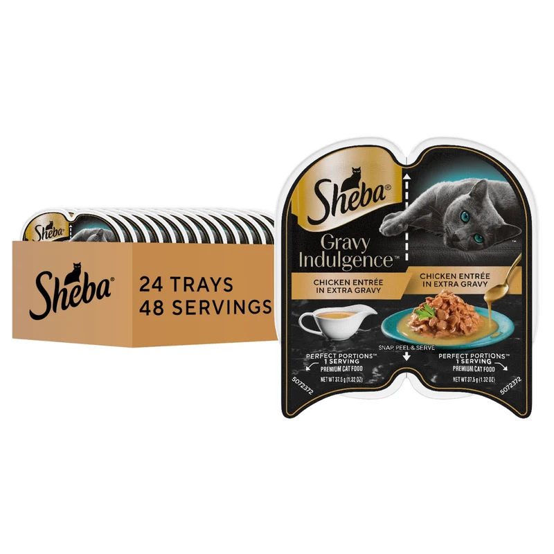 Sheba Gravy Indulgence - Entrée poulet en sauce pour chat adulte, 24 portions (48 repas), barquettes jumelées