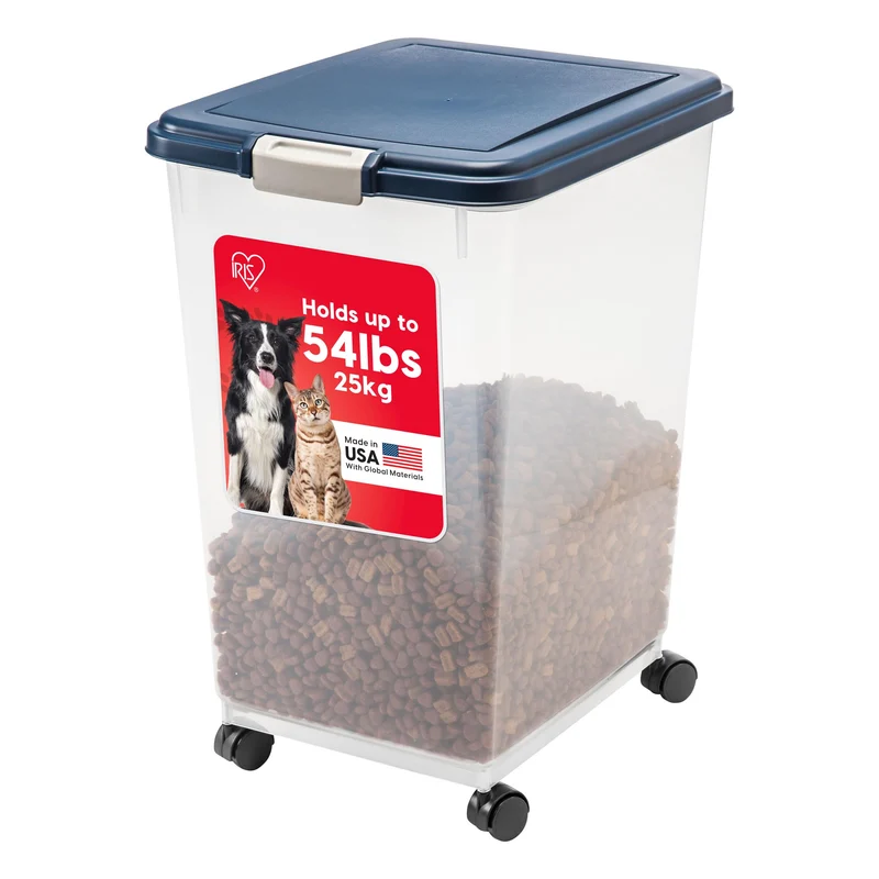 IRIS USA Conteneur de Nourriture pour Animaux – jusqu’à 54 lb, Roulettes Amovibles, Stockage pour Chiens, Chats et Oiseaux – Fraîcheur et Mobilité – Fabriqué aux États‑Unis – Bleu Marine