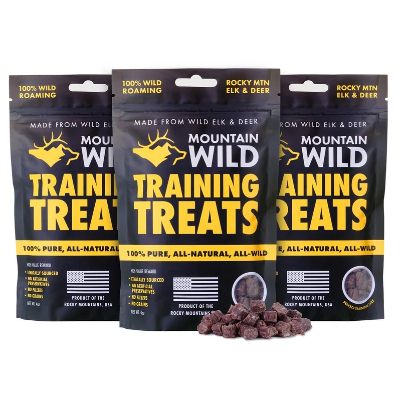 MOUNTAIN WILD Friandises d'entraînement pour chiens et chiots – Wapiti & Cerf, Sans céréales, 3 sachets de 4oz
