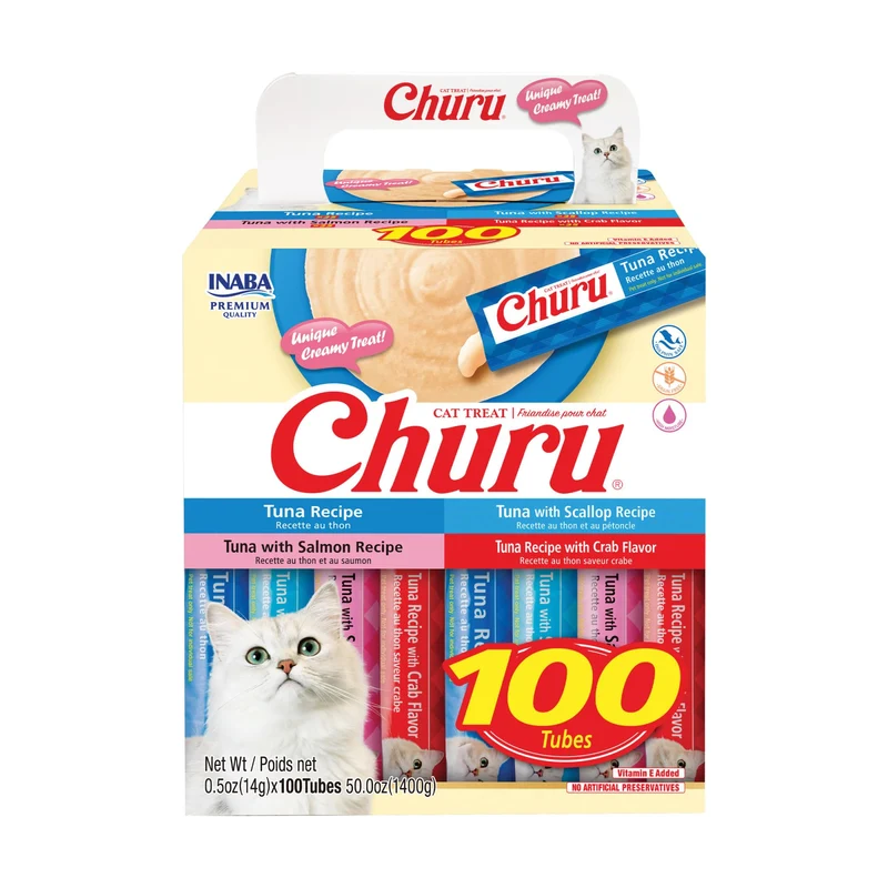 INABA Churu Chats – Purée à lécher au thon, Vitamine E, Tube 0,5 oz, Lot de 100