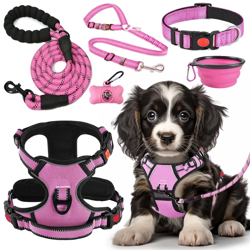 Lobeve Harnais anti-tir chien, collier et laisse – Kit voyage Rose (M) avec ceinture auto, bols pliables et distributeur de sacs
