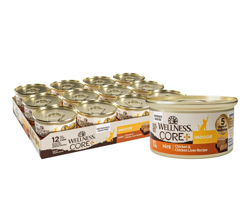 Wellness CORE+ Pâté Chat Indoor — Aliment humide sans céréales, protéines élevées, poulet, pack 12 x 3 oz