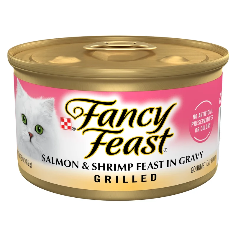 Purina Fancy Feast Grillé – Pâtée humide pour chat au saumon et crevettes dans une sauce savoureuse (boîtes de 24 x 3 oz)