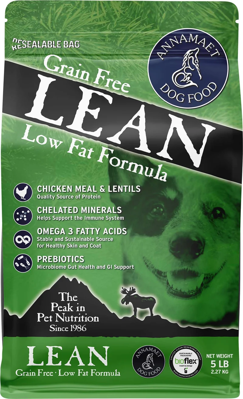 Annamaet Lean Sans Céréales – Croquettes pour Chien Gras Réduit (Poulet & Canard) Sac 5 lb